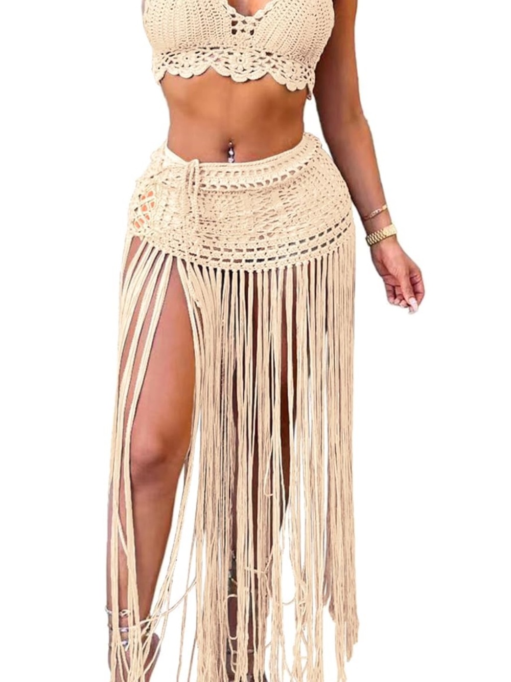 Crochet Fringe Bikini Cover-Up Set in Beige ( a little lighter then the picture) - Picture 2 of 4